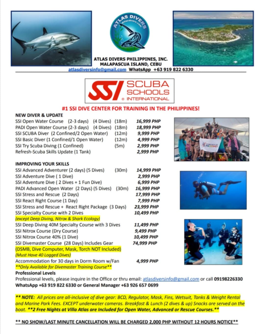 SSI & PADI Low Season Price List